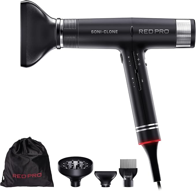 RED Pro Hair Dryer Soni-Clone 110000 RPM High Speed BLDC Motor Dryer Strong Air Flow for Fast Drying Lightweight with Luxury Home &amp Travel Pouch Magnetic Nozzle Hair Pik Diffuser &amp Concen