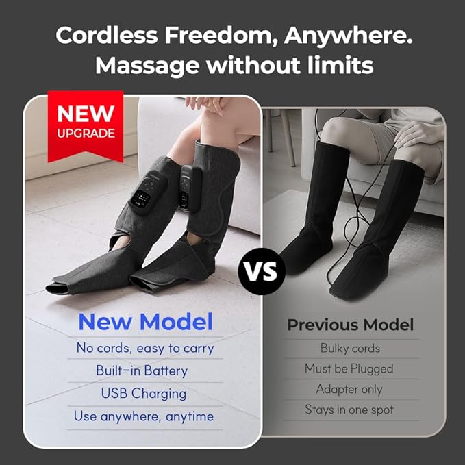 HuBDIC HubiCare Cordless Calf and Feet Massager with Heat and Air Compression for Circulation and Pain Relief 5 Modes with 5 Intensities Reduce Swelling Muscles Relaxation Device (Black)