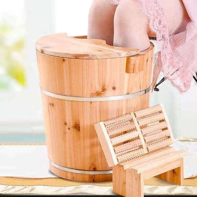 Foot Tub Wooden Foot Basin Household Wooden with Massager Foot Bath Barrel 40Cm Heightened Foot Bath Barrel Elevated Fumigation Barrel with Lid with Stool Natural Thicken Foot Basin foot Bath Woode