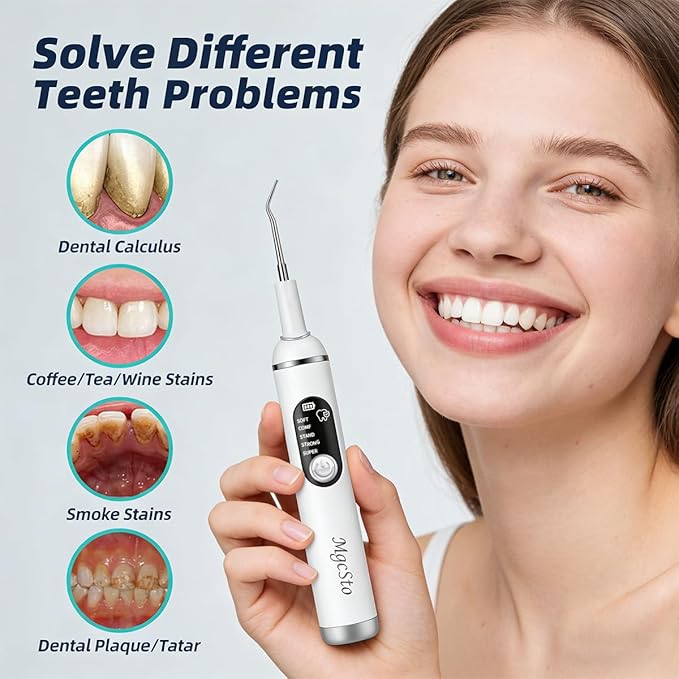 Ultimate Electric Teeth Cleaner - Ultrasonic Tooth Cleaning Violet Light Protection 316F Stainless Steel Heads 5-Speed Modes IPX6 Waterproof Oral Care Kit with 11 Accessories‌ (White)