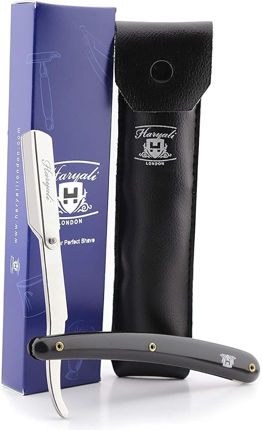 Men's Black Traditional Style Stainless Steel Straight Razor with Leather Pouch (1 Count Reusable Ergonomic Portable)