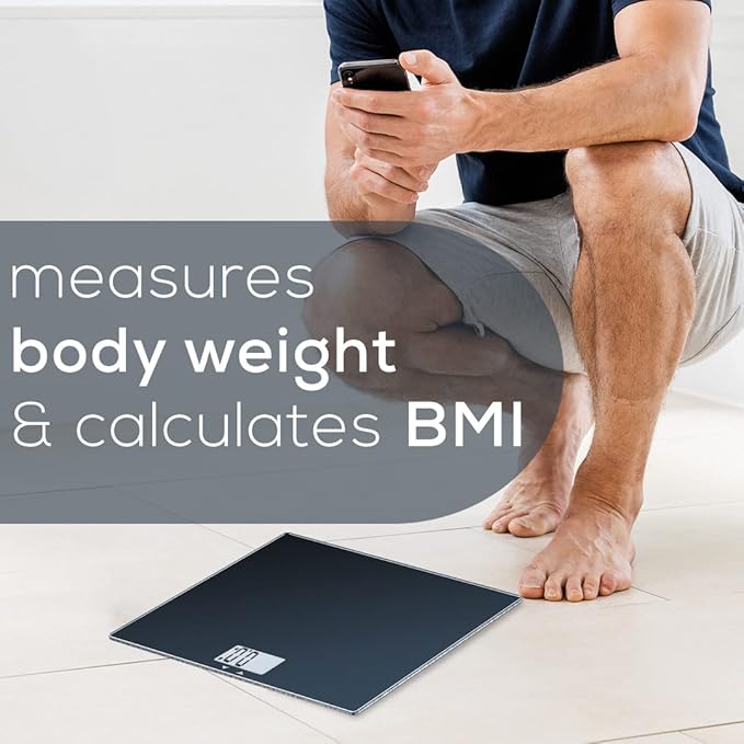 Beurer GS435B Glass Bluetooth Scale for Body Weight with BMI Composition Measurement Smart Digital Bathroom Scales Connects with Health App Analyzer Weigh in Kg and Lbs Black