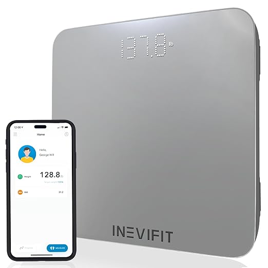 INEVIFIT Smart Bathroom Scale Highly Accurate Bluetooth Digital Bathroom Body Weight Scale Precisely Measures Weight &amp BMI for Unlimited Users (S-Silver)