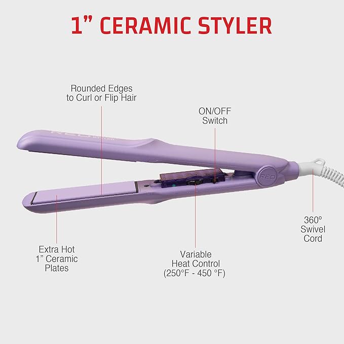 Red by Kiss 1 Ceramic Styler Flat Iron Up to 450 F Variable Heat Settings for Silky Smooth Hair Professional Ceramic Plates Tangle-Free Swivel Cord (Purple)