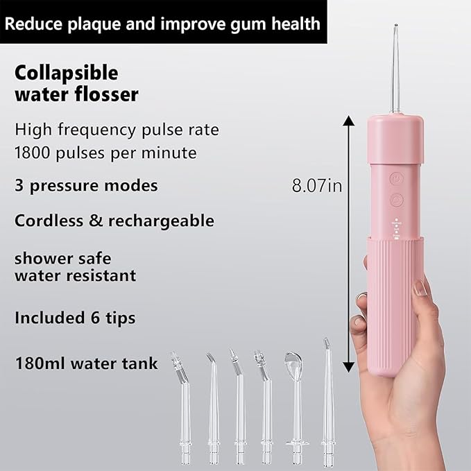 Portable Mini Water Flosser Oral Irrigator Water Teeth Cleaner Pick with Telescopic Water Tank3 Modes &amp IPX7 Waterproof Home &amp Travel (Pink)