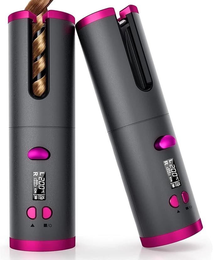 Wireless Auto Hair Curler with Adjustable Temperature and Timer Automatic Cordless Curling Iron with LCD Display Portable Rechargeable Rotating Fast Heating Hair Wand for Style