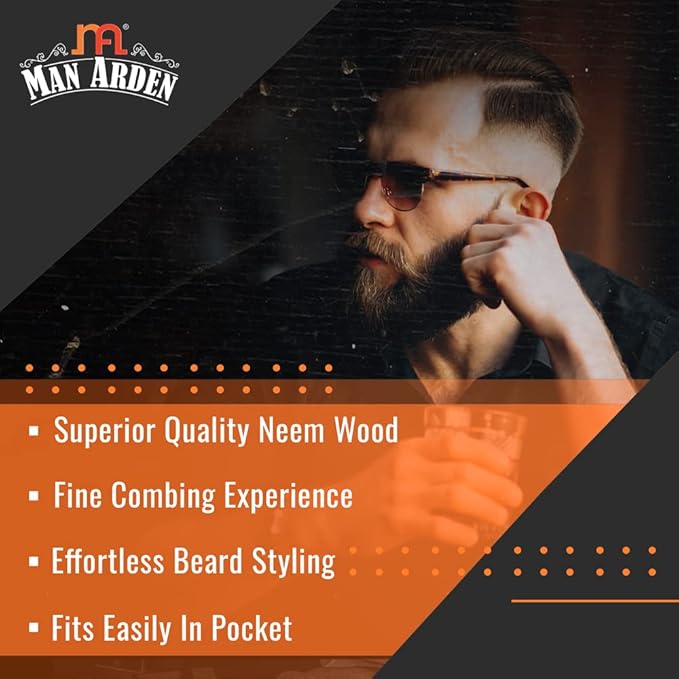 Man Arden Neem Wooden L Shaped Beard Comb with Rich Leather Pouch