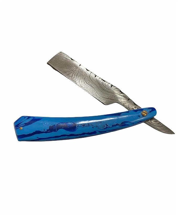 Hand Made Damascus Steel Straight Razor shaving razor folding knife Ready Classic Barber Blade Edge Men Straight Razor Be Close Shave Best Great Gift (Bule)