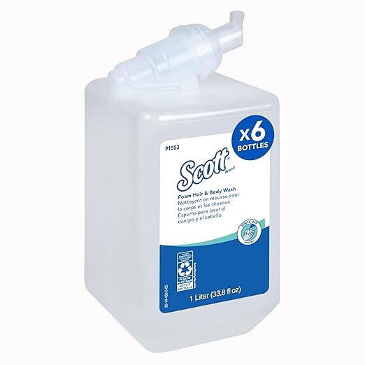 Scott Professional Foam Hair and Body Wash (91553) 1.0 L Foaming Light Blue Fresh Scent Manual Refills (6 Bottles)