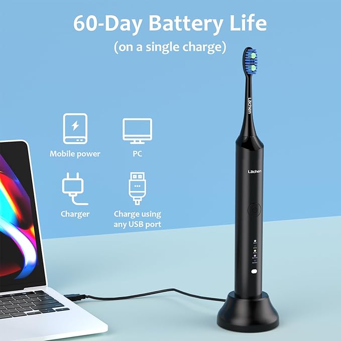 Lächen Electric Toothbrush for Adults – Sonic Rechargeable 5 Modes &amp Smart Timer Travel Case &amp Wireless Charging 4 Brush Heads IPX7 Waterproof (Black)