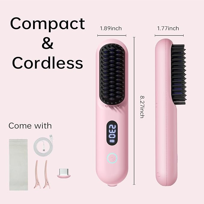2Pcs Numoya GoBrush Pro 2025 Cordless Hair Straightener Brush for Short Hair Portable Travel Hair Straightener Cepillo Alisador De Cabello 9 Temp Settings 9600mAh Rechargeable (Pink)