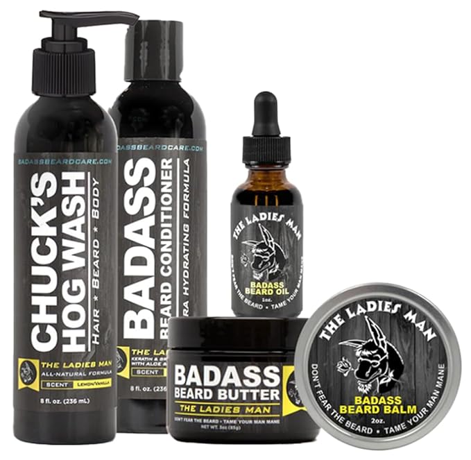 Badass Beard Care Complete Beard Care Kit - 5 Full Size Essentials - Includes Beard Oil Beard Balm Beard Butter Wash and Conditioner - Promotes Fuller &amp Thicker Beard Growth (The Ladies Man)