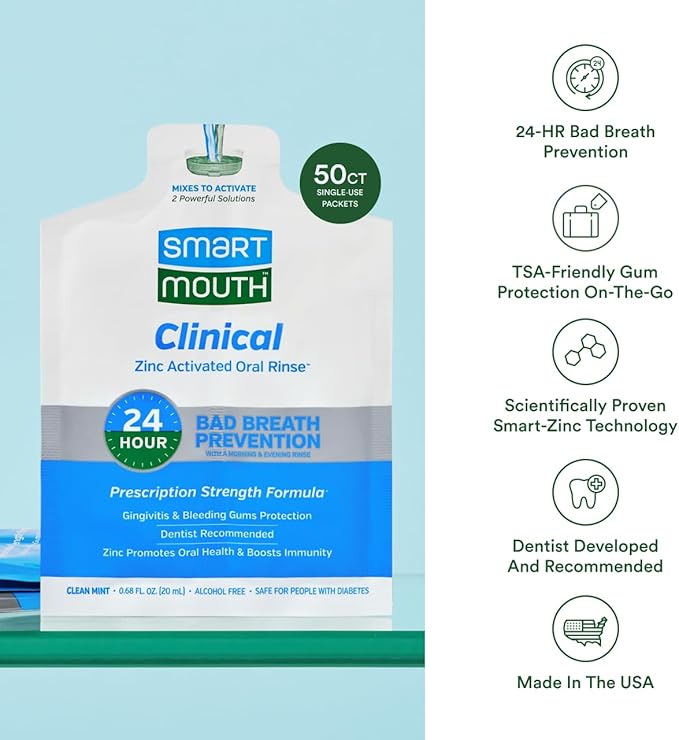 SmartMouth Clinical Zinc Activated Mouthwash Single Packs - On-the-Go Mouth Rinse for Healthy Gum Support - Convenient Portable Packets - Eliminates Bad Breath - Alcohol-Free Non-Burning - 50 Count
