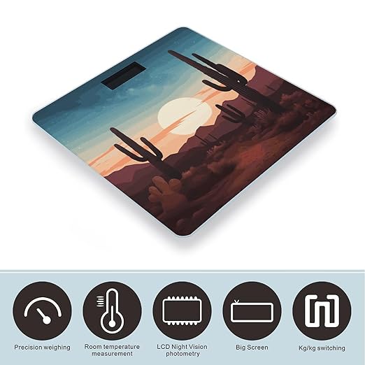 Desert with Cactus Weight Scale Digital Electronic Scales Bathroom Scale Larg LCD Backlight Display High Precision MeasurementsTempered Glass