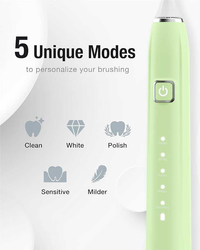 7AM2M Sonic Electric Toothbrush with 6 Brush Heads for Adults&ampKids One Charge for 120 Days Wireless Fast Charge 5 Modes 40000VPM Powered Toothbrush 2 Minutes Built in Smart Timer (Light Green