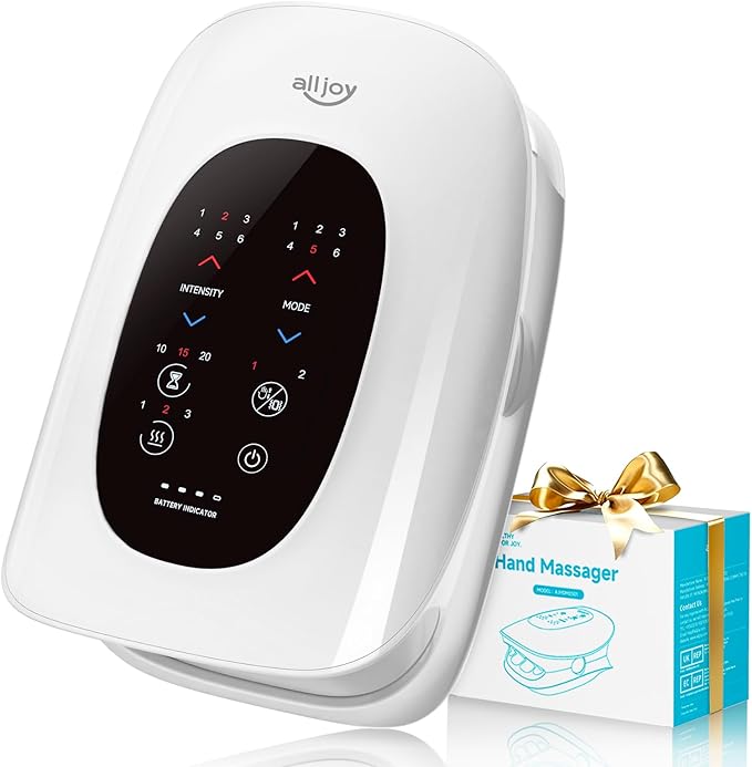 ALLJOY Hand Massager with Heat and Compression Knuckle Stretching and Hand Massage 6 Modes 6 Intensities 3 Heat for Arthritis and Carpal Tunnel Relief Valentines Day Gifts for Women Men(White)