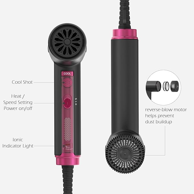 TOME Hair Dryer 1875W High-Speed EC Motor 110000 RPM Ionic Blow Dryer Fast Drying Cool Shot Lock 3 Heat 2 Speed 4 Attachments (Styling Nozzle Diffuser 2 Air-Powered Wrap Wands) 125V Hot Pink