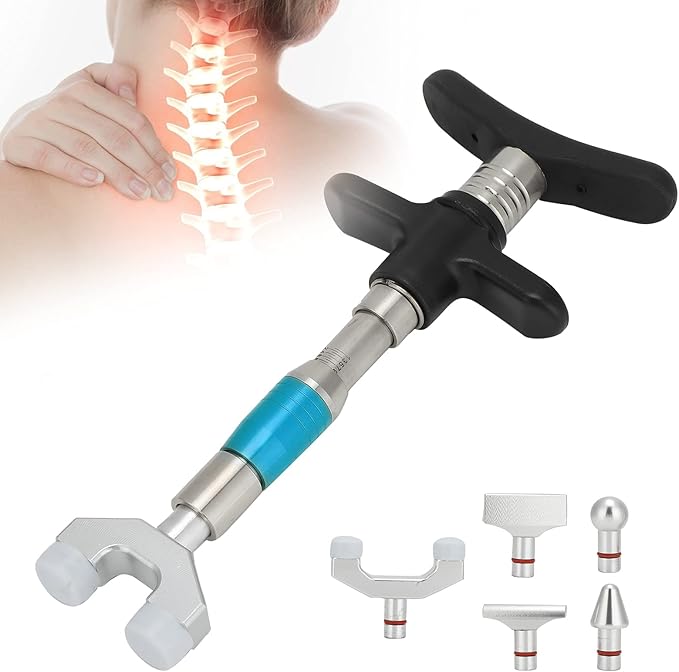 Manual Chiropractic Adjustment Correction Tool for Spine Back Massage Portable Chiropractic Adjustment Tool Adjuster with 6 Massage Heads(Blue)