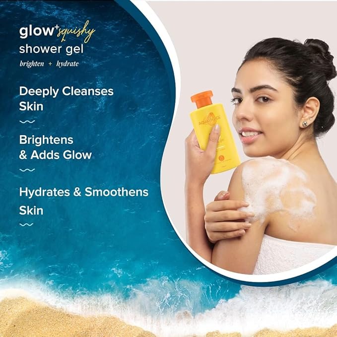 Aqua-logica Body Wash Glow plus Squishy Shower Gel | Papaya and Vitamin C | For Dry Oily Glowing and Hydrated Skin | For Men and Women 250ml.