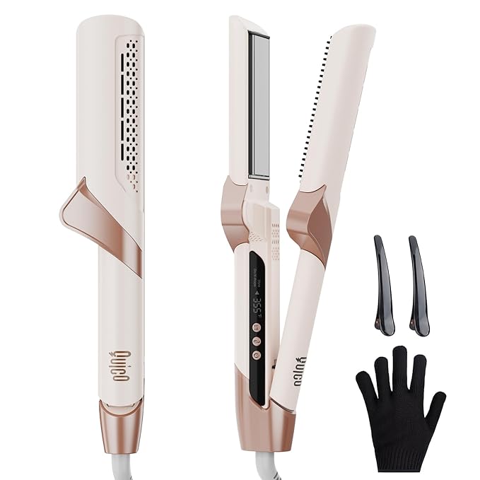 Upgraded Hair Air Straightener Quico Dual Voltage High-Speed Airflow 2 in 1 Straightener and Curler Travel Airstraight 5 Temps Ionic Care Flat Iron Hair Straightener 100-240V No Heat Damage Pink