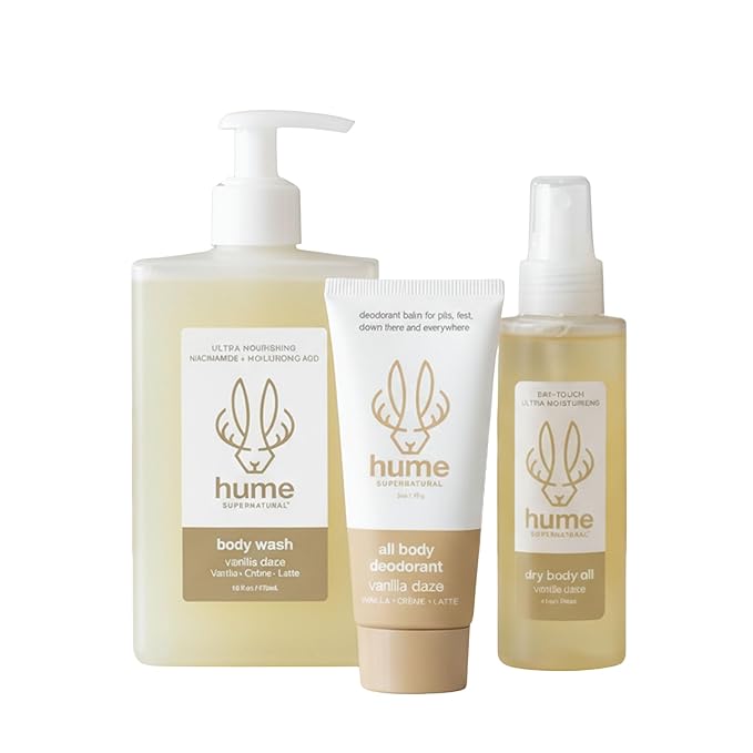 Hume Supernatural Vanilla Daze Body Care Set – 3-Piece Gift Bundle with Aluminum-Free Whole Body Balm Dry Body Oil &amp Body Wash – Plant-Based Sensitive Skin Friendly