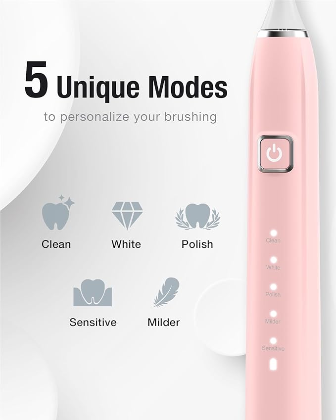 7AM2M Sonic Electric Toothbrush with 6 Brush Heads for Adults&ampKids One Charge for 120 Days Wireless Fast Charge 5 Modes 40000VPM Powered Toothbrush 2 Minutes Built in Smart Timer -Pink