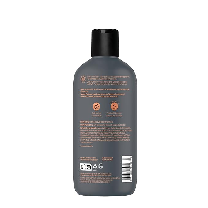 ATTITUDE Shower Gel Body Wash for Men 98% Natural Origin Ingredients Paraben &amp Phthalate Free EWG Verified Cleanses Without Drying Patchouli &amp Bourbon 14 Fl Oz (Pack of 3)