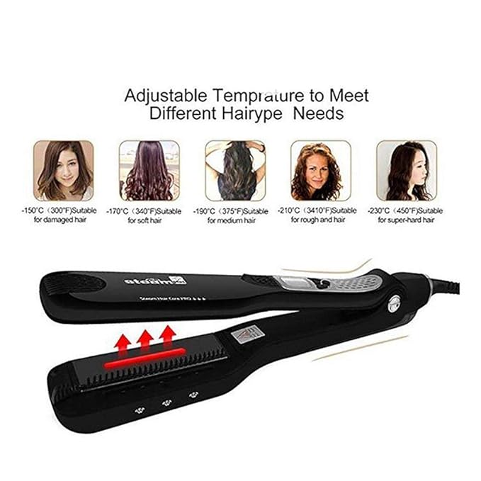 Professional Steam Hair Straightener Electric Fast Steam Hair Straightener Brush Titanium Ceramic Flat Iron with Anti-Static Technology and Digital Controls Suitable for All Hair Types (Black)