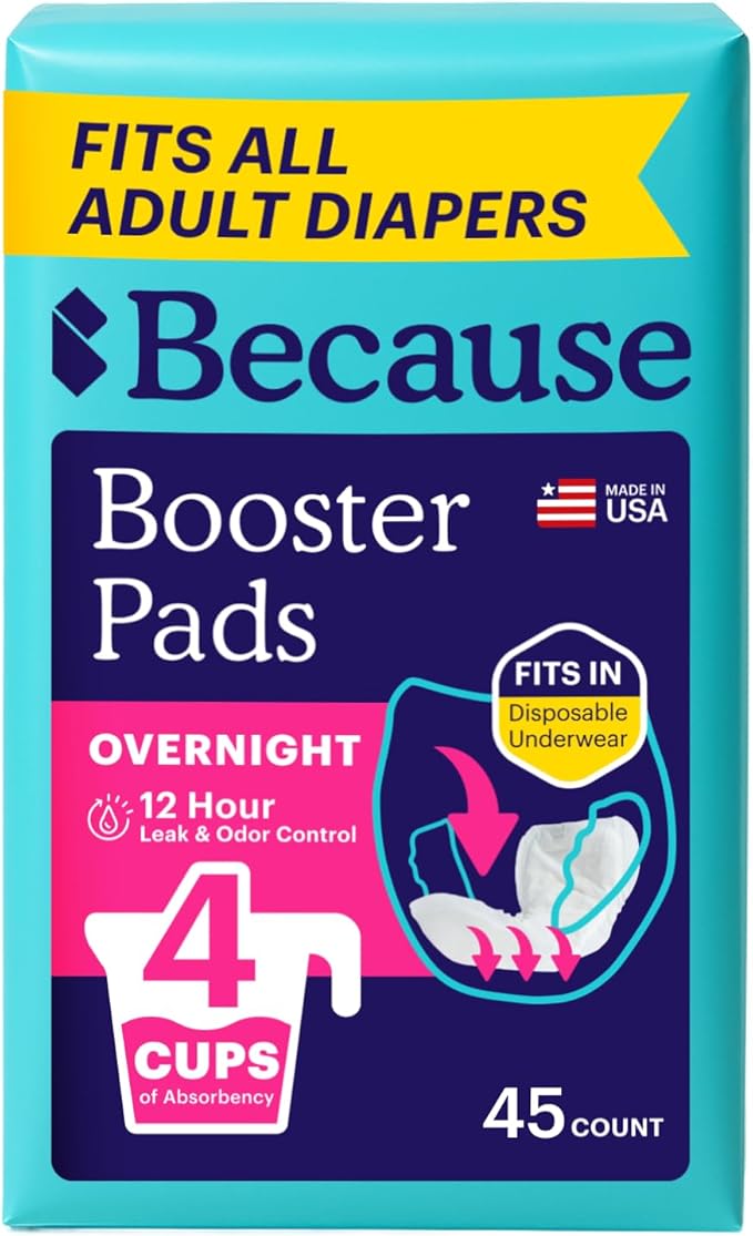 Because Overnight Booster Pads Fit All Adult Diapers Helps Keep Your Adult Diaper Active All Night Adds 4 Cups to Incontinence Underwear Extra Absorbency 45 Count