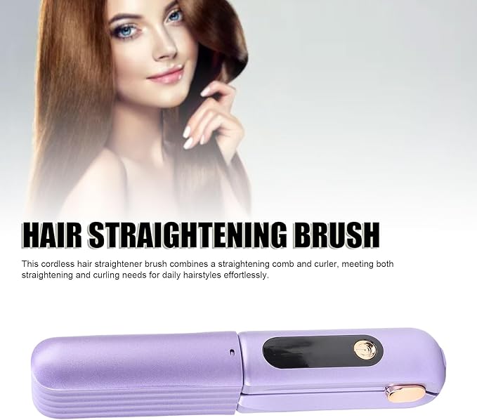 YUYTE Hair Straightener Brush for Women: 2 in 1 Curling &amp Straightening Brush with Dust Cover Ceramic Hot Comb with 3 Temps for Hair Styling (Purple)