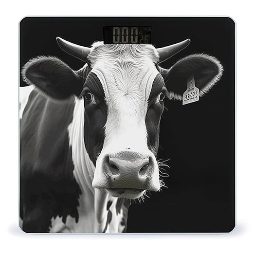 Animal Funny Cow Head Black White Scale for Body Weight Safe Rounded Corners Tempered Glass Digital Bathroom Scale LED Display 400lb Capacity Weight Scales with High Precision Sensors