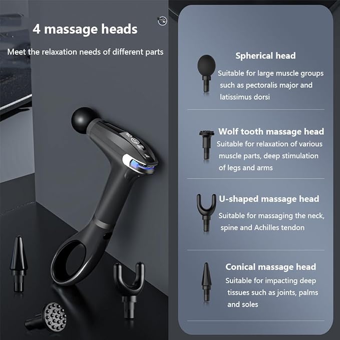 Massager for Body Muscle Relaxation and Fitness LED Screen 4 Massage Heads 8-Level Adjustment Detachable Handle 10 Mm Massage Depth 15-Minute Timer Deep Tissue MassageGrey