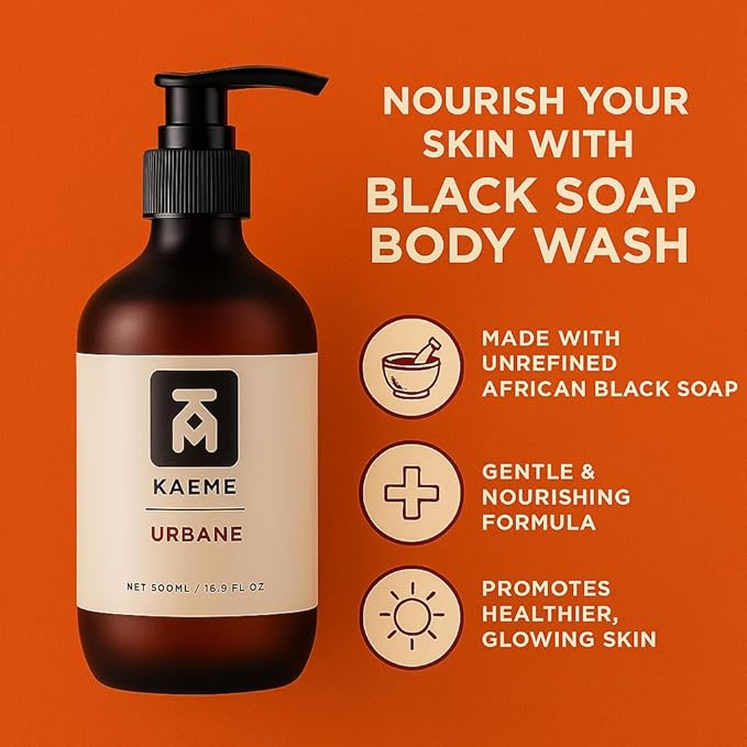 KAEME.COM URBANE BLACK SOAP BODY WASH-Handmade|Body Wash|Shampoo|Hair|Premium &amp Luxurious|Face Wash|Exfoliant|Moisturizer|Make-up Cleanser|All Hair|Sulfate- Free |Rashes|Eczema| Acne-500mL /16.9Fl