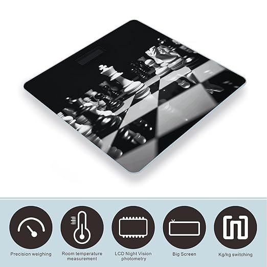 Black and White Chess Scale for Body Weight Safe Rounded Corners Tempered Glass Digital Bathroom Scale LED Display 400lb Capacity Weight Scales with High Precision Sensors