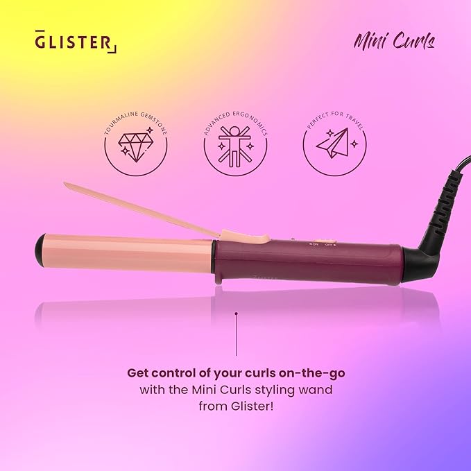 Glister Mini Curls Traveling Small Clip Curler with Carrying Pouch Travel Curler Curling Wand for Normal Thin Dry and Frizzy Hair for Travel use Preferred for Girls or Boys - (Apricot Plum)
