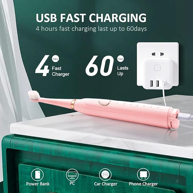 Sonic Electric Toothbrush USB Rechargeable Powerful Sonic Cleaning Tooth Brush with 6 Modes 5 Brush Heads + 1 Facial Cleansing Brush Head + 1 Face Massage Head Whitening Toothbrushes