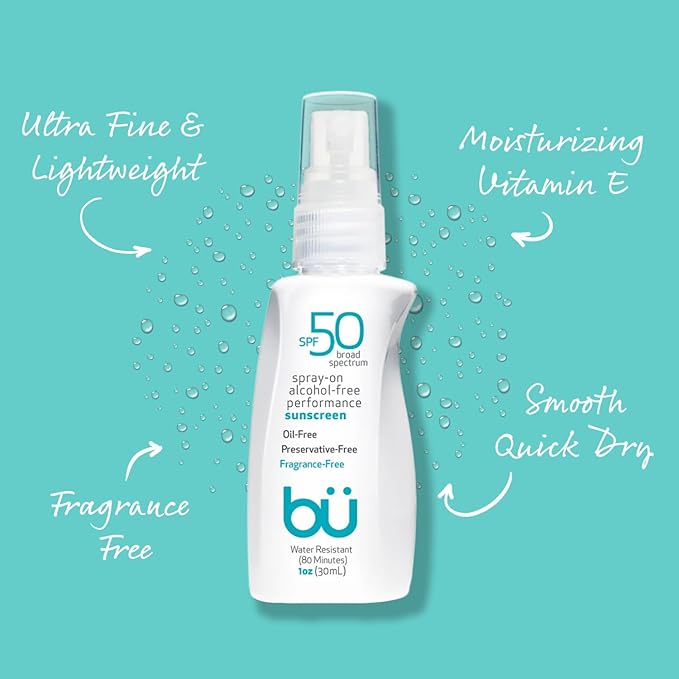 BU SPF 50 Sunscreen Spray for Face and Body 2-Pack with 3.3 oz Fragrance Free and 1 oz White Sage Clear Non Greasy Water Resistant