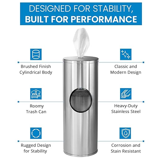 Zoom Wipes Stainless Steel Wipes Dispenser with Built-in Trash Bin – 36 Floor Stand Wipes Holder for Gyms Offices Homes – Sanitizing &amp Disinfecting Station Commercial Grade &amp Rustproof.