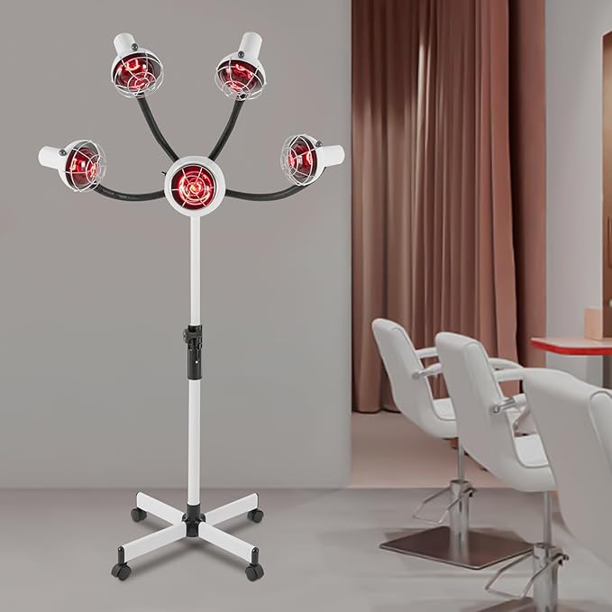 5-Head Infrared Light Heating Therapy Red Lamp 110V 750W Adjusting Height &amp Angle Hair Dryer Hair Color Processor Infrared 5 Red Lights for Hair Salon White