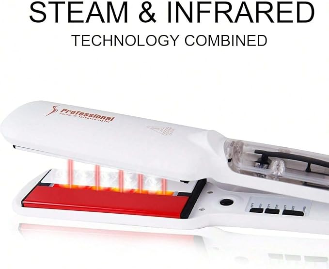 Professional Steam Hair Straightener 2-Inch Infrared Ceramic Flat Iron Adjustable Temperature 300-450°F White