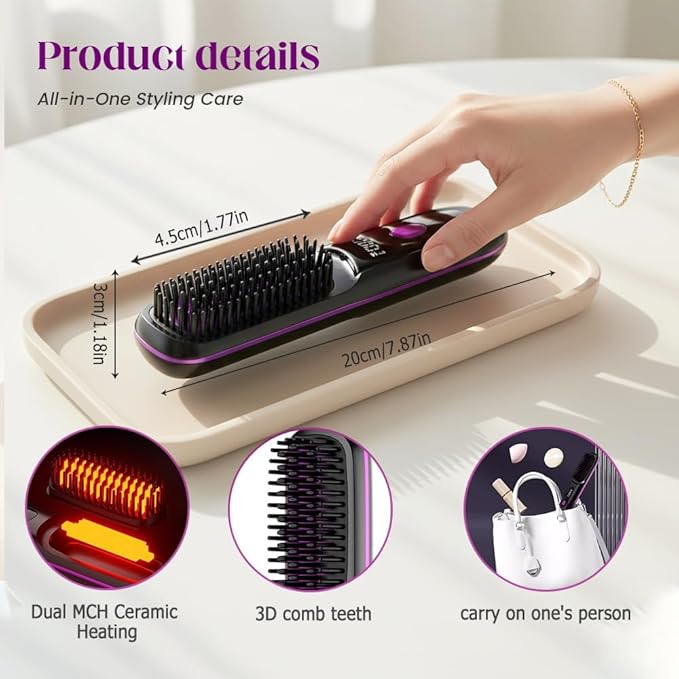 Portable Mini Hair Straightening Brush with Led Display Cordless Hair Straightener Brush Fast Heating Cordless Mini Hair Brushs for Women Short Long Hair (Blue)