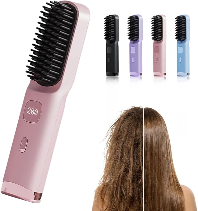 2026 New Go Brush for Short Hair Portable Hair Straightener Cordless Travel Straightening Hair Comb with 4 Temperature Settings Fast Heating Ceramic Brush for Home Use (Pink)