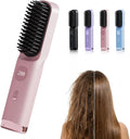 2026 New Go Brush for Short Hair Portable Hair Straightener Cordless Travel Straightening Hair Comb with 4 Temperature Settings Fast Heating Ceramic Brush for Home Use (Pink)