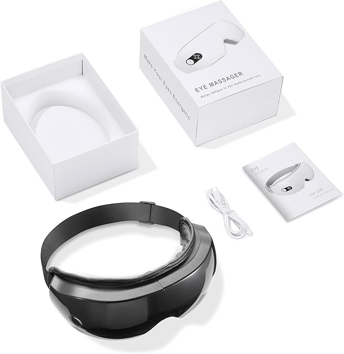 NOWWISH Eye Massager with Heat Vibration and Bluetooth Music for Migraine Headache Relief Cordless Heated Eye Mask with 6 Massage Modes Relaxation -Birthday Gifts for Women Men -Black
