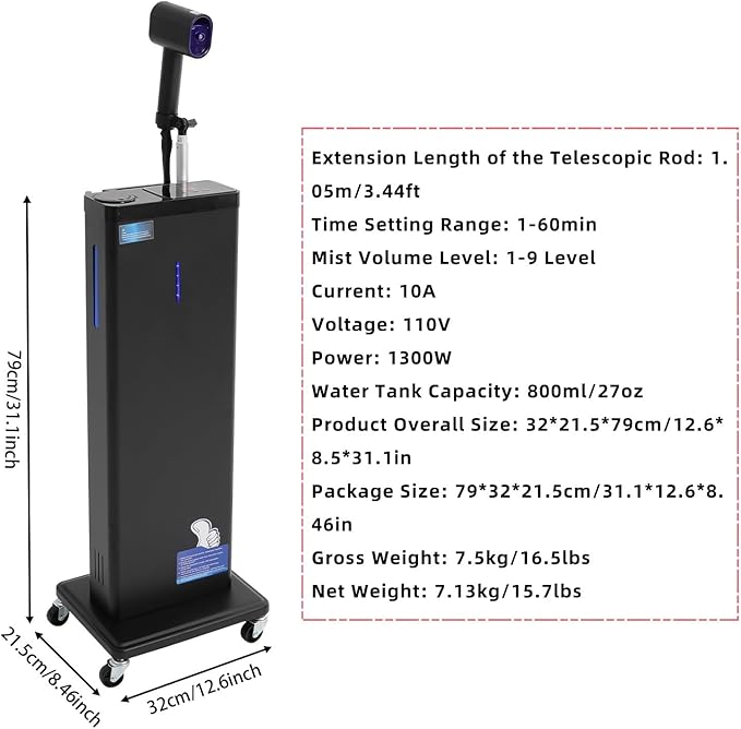 Professional Standing Hair Steamer Machine 1300W Hair Processor with Adjustable Telescopic Rod &amp 360° Wheels | 9 Mist Settings 800ml Tank for Salon &amp Home Hair Treatment Deep Conditioning