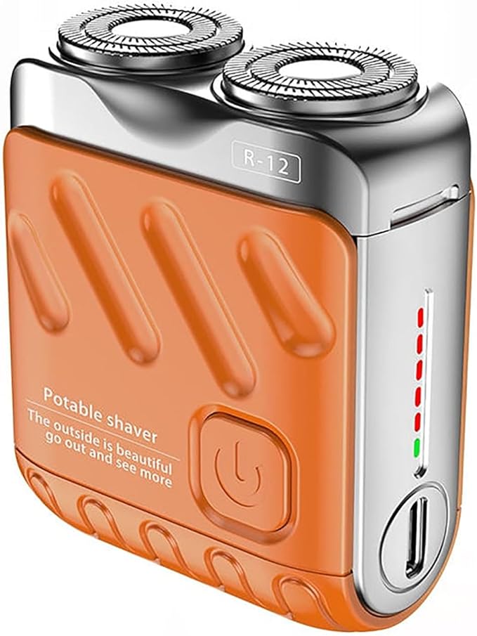 Luggage Mini Electric Rotary Dual Ring Pocket Beard Shaver Wet &amp Dry Shaving Cordless Rotary Shaver Portable Razor Suitcase Design USB Rechargeable for Home Travel (Orange)