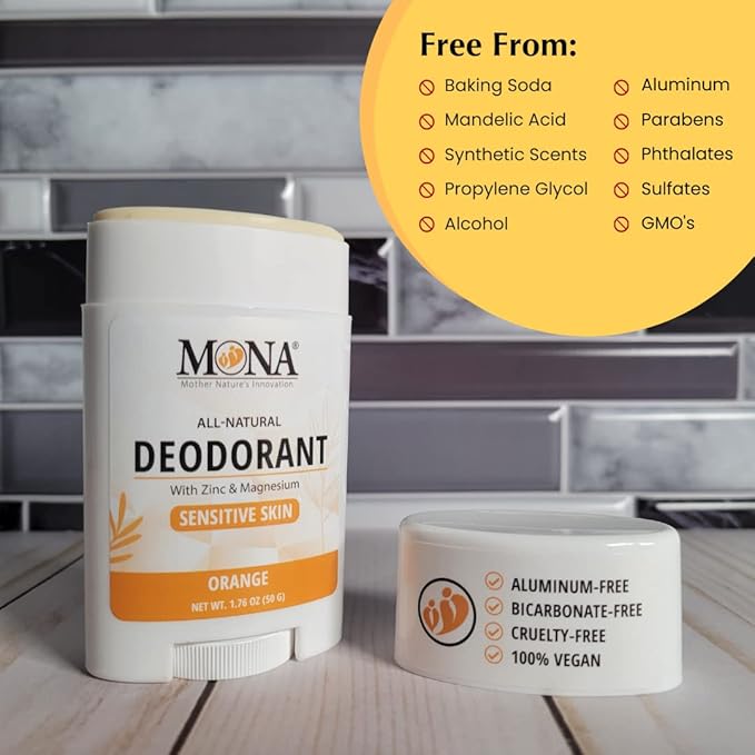 MONA BRANDS All Natural Deodorant For Women &amp Men | For Sensitive Skin | No Aluminum or Baking Soda | (2-Pack ORANGE 1.76 Oz each)