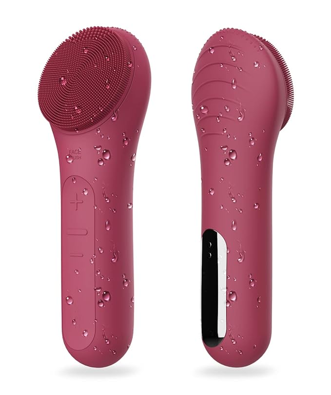 Face Scrubber NågraCoola CLIE Facial Cleansing Brush Waterproof and Rechargeable Face Scrub Brush for Men &amp Women Cleansing Exfoliating and Massaging Electric Face Wash Brush - Berry