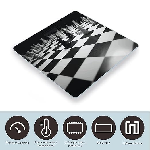 Black White Chess Checkerboard Scale for Body Weight High Precision Digital Weight Scales with LCD Display Anti-Slip Sturdy Slim Tempered Glass Bathroom Scale for Home Use