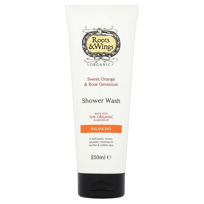 Roots &amp Wings Organic Balancing Sweet Orange and Rose Geranium Shower Wash 250ml